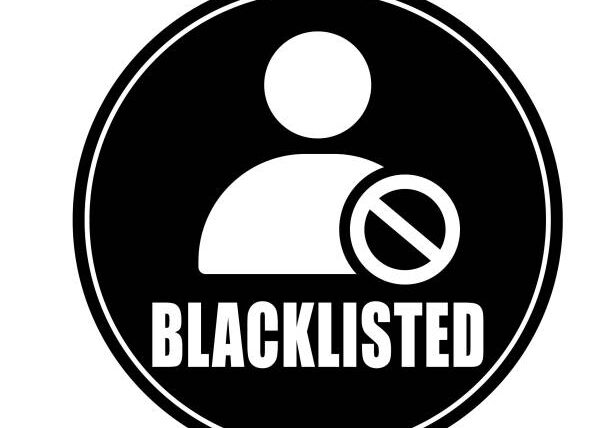 Account is blacklisted. Round    badge with user account icon,  ban sign and text. White background.