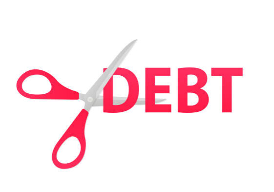 Scissors cut the text debt. Debt forgiveness, elimination, cancellation and relief - financial loan. Concept of debt management or corporate accomplishment. Vector illustration